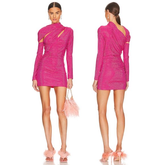 NWT Cult Gaia Nicole Mini Dress Sz XS in Dragonfruit Crystal-Embellished Allover - Picture 1 of 9